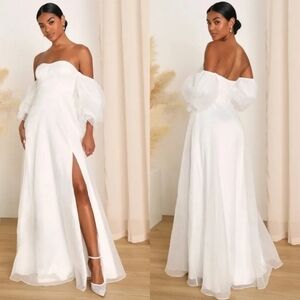 Lulus True Excellence White Bustier Off-The-Shoulder Gown Wedding Bridal
